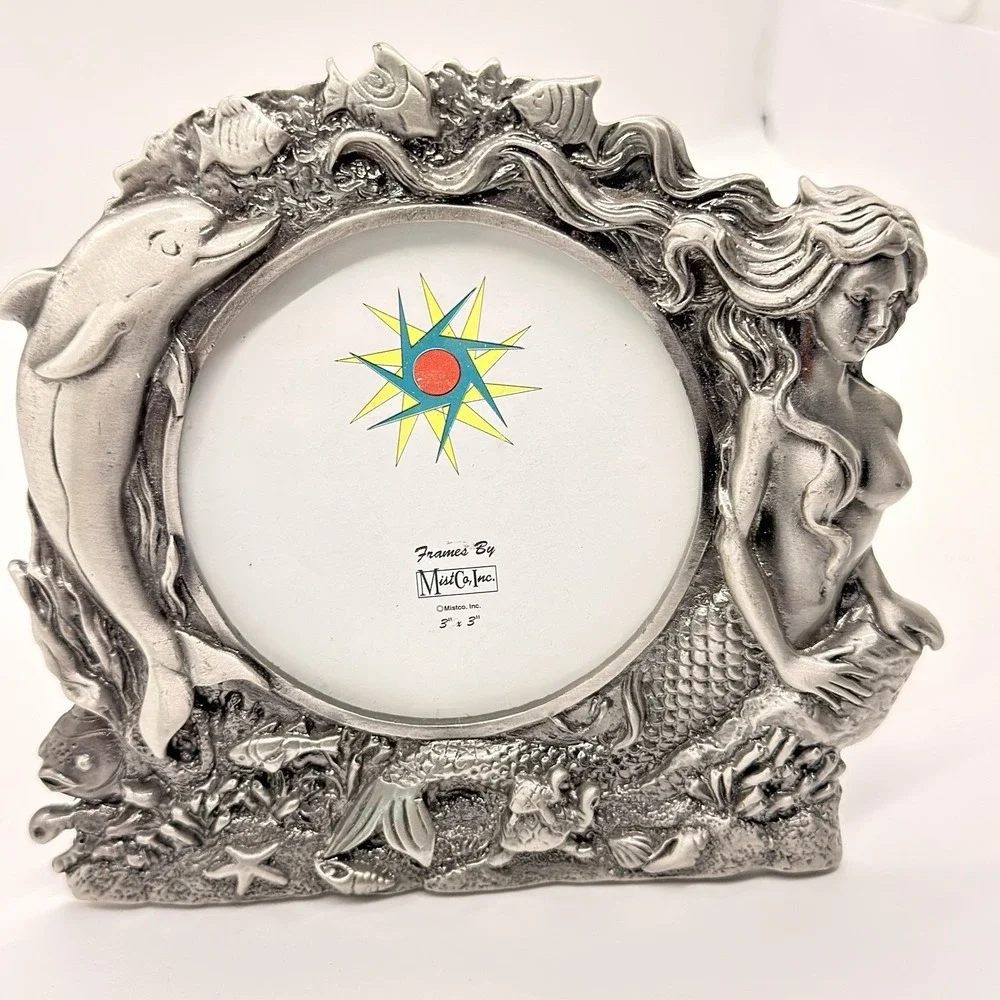 Vintage Cast Pewter Mermaid Dolphin Ocean Picture Frame 3x3 Coastal Beach Decor